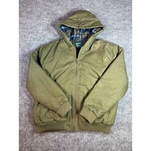 Woolrich Men's Large Green Canvas Hooded Barn Work Coat Plaid Flannel Lining